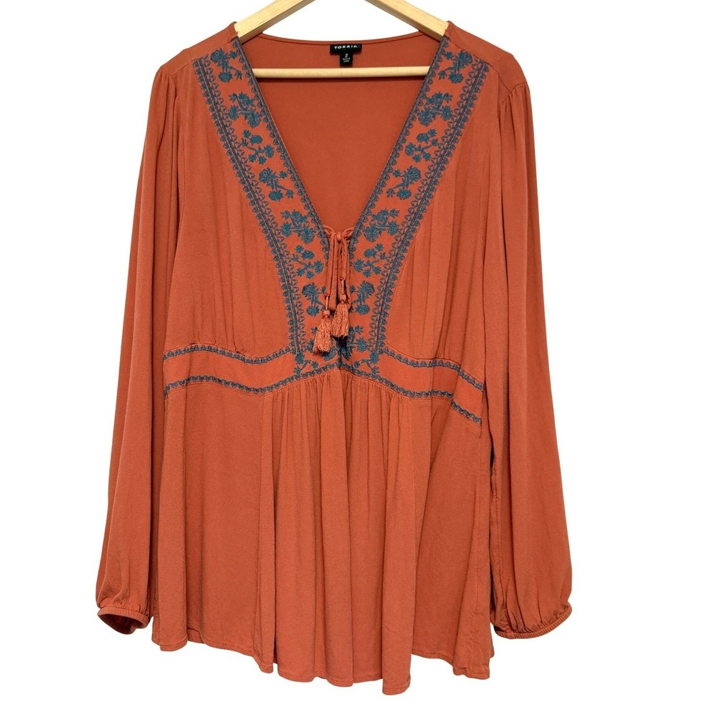Torrid Tunic Top Boho Embroidered Womens 2 Orange Renfair Long Sleeve Blouse - Picture 2 of 10
